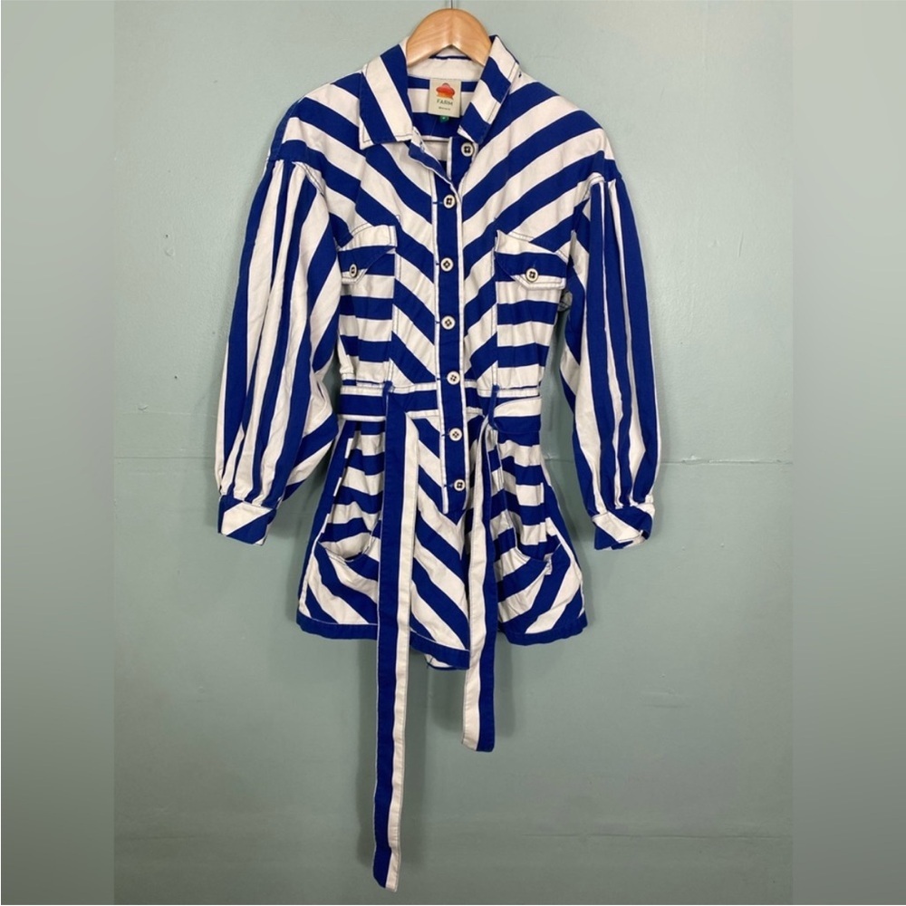 NWT FARM Rio Women’s Blue and White Striped Printed Romper Jumpsuit Tie Belt XXS - Picture 8 of 16